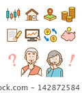 A set of illustrations depicting elderly couples and seniors thinking about investment and asset management | Retirement and finances 142872584