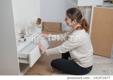 A Caucasian woman assembles furniture with her cute dog. A Caucasian woman assembles furniture with her cute dog. 142872677