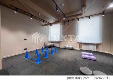 A training area with a dog trainer. 142872919