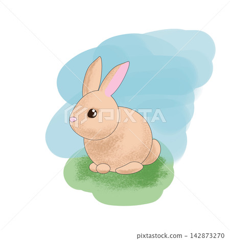 Cute beige rabbit on grassy meadow representing Easter holiday, springtime joy, childhood innocence and festive celebration ideal for cards, posters, wallpapers and seasonal decorative graphics Cute beige rabbit on grassy meadow representing Easter holiday, springtime joy, childhood innocence and festive celebration ideal for cards, posters, wallpapers and seasonal decorative graphics 142873270