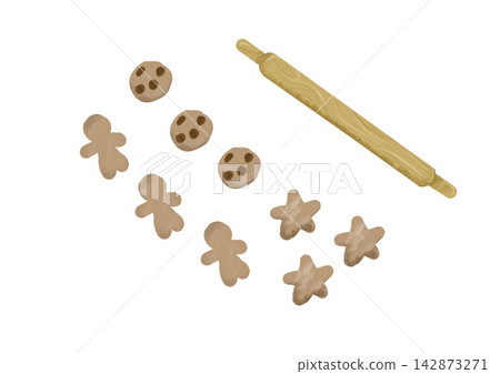 Rolling pin with gingerbread man star biscuits and chocolate chip cookies Rolling pin with gingerbread man star biscuits and chocolate chip cookies 142873271