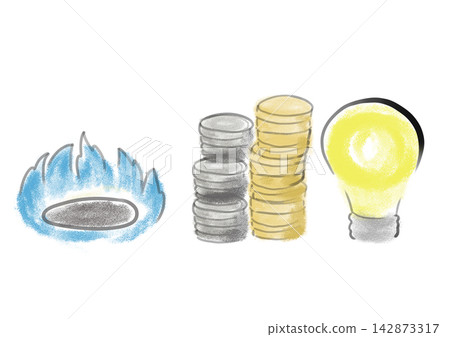 Gas burner flame with coins and glowing light bulb rising energy costs concept Gas burner flame with coins and glowing light bulb rising energy costs concept 142873317
