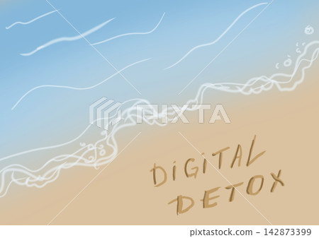 Minimal beach scene with digital detox text on sand by ocean Minimal beach scene with digital detox text on sand by ocean 142873399