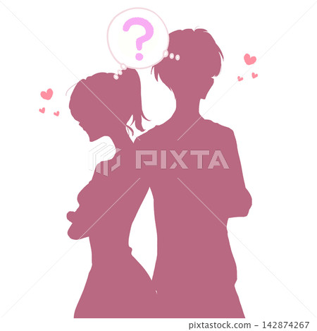 一對彼此心存疑慮的男女;手牽手;浪漫;剪影 一對彼此心存疑慮的男女;手牽手;浪漫;剪影 142874267