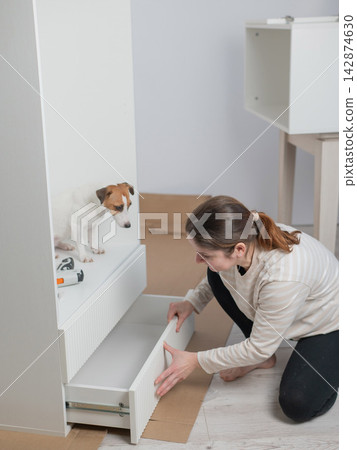 A Caucasian woman assembles furniture with her cute dog. A Caucasian woman assembles furniture with her cute dog. 142874630