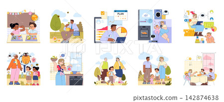 Family lifestyle vector illustration set with parenting, remote work, school lunch, smart home, health education, walking, cooking and dining scenes in everyday domestic life Family lifestyle vector illustration set with parenting, remote work, school lunch, smart home, health education, walking, cooking and dining scenes in everyday domestic life 142874638