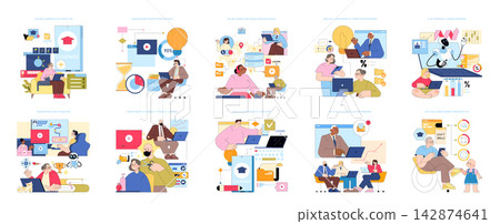 Set of vector illustrations depicting various aspects of online education and lifelong learning, featuring diverse people engaging with digital devices and educational materials in dynamic settings. Set of vector illustrations depicting various aspects of online education and lifelong learning, featuring diverse people engaging with digital devices and educational materials in dynamic settings. 142874641