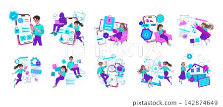 Cybersecurity and digital technology vector illustration set with people using smartphones laptops and tablets for secure login VPN coding cloud work smart home control and virtual learning Cybersecurity and digital technology vector illustration set with people using smartphones laptops and tablets for secure login VPN coding cloud work smart home control and virtual learning 142874649