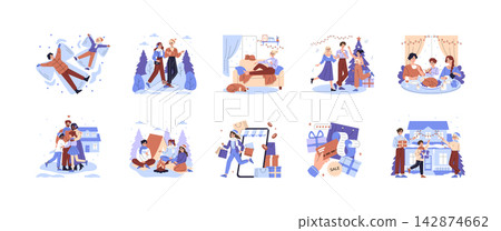 Winter holiday vector illustration set with people making snow angels, walking outdoors, relaxing at home, dancing by tree, sharing dinner, hugging, camping, shopping and decorating Winter holiday vector illustration set with people making snow angels, walking outdoors, relaxing at home, dancing by tree, sharing dinner, hugging, camping, shopping and decorating 142874662