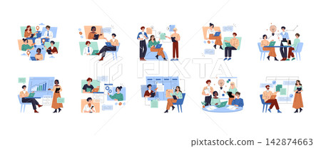 Remote team members work on laptops, review charts, exchange messages, assign tasks, and discuss ideas in online meetings and office collaboration scenes, vector illustration Remote team members work on laptops, review charts, exchange messages, assign tasks, and discuss ideas in online meetings and office collaboration scenes, vector illustration 142874663