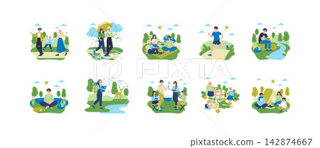 Outdoor camping leisure vector illustration set with people walking in park, hiking with map, jogging, reading by river, meditating, picnicking, grilling and sitting by campfire Outdoor camping leisure vector illustration set with people walking in park, hiking with map, jogging, reading by river, meditating, picnicking, grilling and sitting by campfire 142874667