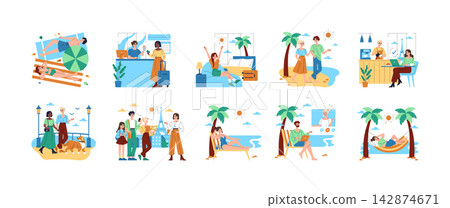 Travel themed vector illustration set with people sunbathing, checking into hotel, resting in room, walking on beach, working remotely, sightseeing, and relaxing in hammock Travel themed vector illustration set with people sunbathing, checking into hotel, resting in room, walking on beach, working remotely, sightseeing, and relaxing in hammock 142874671