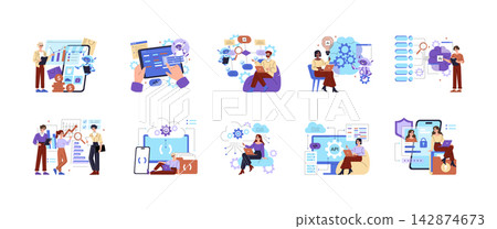 AI technology vector illustration set with professionals using laptops tablets and mobile interfaces for coding analytics automation cloud integration API security and ecommerce tasks AI technology vector illustration set with professionals using laptops tablets and mobile interfaces for coding analytics automation cloud integration API security and ecommerce tasks 142874673