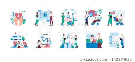 Medical healthcare set with doctors, surgeons, dentist, neurologist, ambulance staff and patient care scenes, including surgery, checkup, emergency response and diagnosis vector illustration Medical healthcare set with doctors, surgeons, dentist, neurologist, ambulance staff and patient care scenes, including surgery, checkup, emergency response and diagnosis vector illustration 142874683