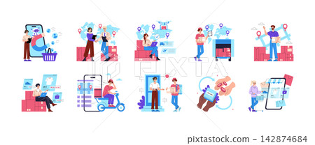 Ecommerce logistics vector illustration set with online shopping, order management, shipping, courier delivery, parcel tracking, returns, customer support, and mobile retail scenes Ecommerce logistics vector illustration set with online shopping, order management, shipping, courier delivery, parcel tracking, returns, customer support, and mobile retail scenes 142874684