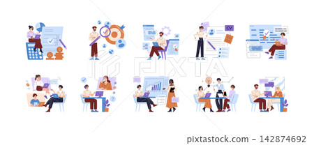 HR recruitment, interview, resume review, analytics, online meeting and teamwork scenes in vector illustration set with professionals working, presenting data, and discussing projects HR recruitment, interview, resume review, analytics, online meeting and teamwork scenes in vector illustration set with professionals working, presenting data, and discussing projects 142874692