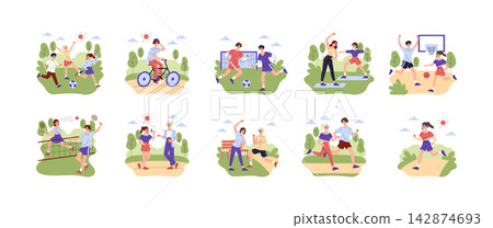 Collection of people playing football basketball badminton, cycling, jogging, dancing and exercising in a park, active lifestyle vector illustration with movement and healthy routine Collection of people playing football basketball badminton, cycling, jogging, dancing and exercising in a park, active lifestyle vector illustration with movement and healthy routine 142874693