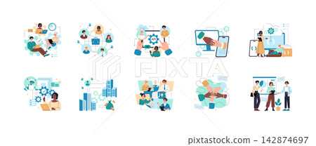 Business team works with API integration, remote communication, digital handshake, automation, analytics and partnership in a modern vector illustration set for technology workflow Business team works with API integration, remote communication, digital handshake, automation, analytics and partnership in a modern vector illustration set for technology workflow 142874697