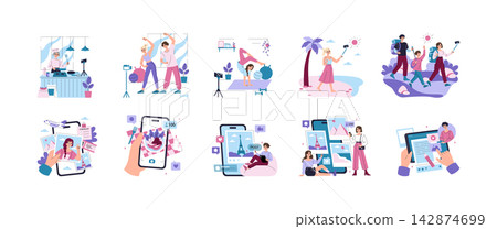 Social media content creators film cooking, fitness, yoga, travel, food and blogging scenes with smartphones for online posts and stories in a vector illustration set 142874699