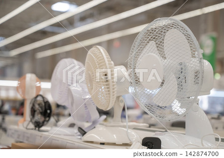 A variety of fans on a shelf in a supermarket.  142874700