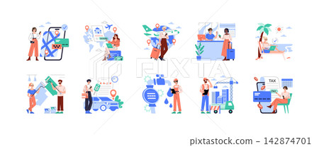 Set of vector illustrations depicting various travel and service concepts, including map navigation, hotel booking, airport check-in, car rental, construction, and payment. Characters engage in 142874701