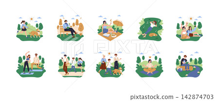 Park leisure vector illustration set with people walking a dog, reading on a bench, having a picnic, listening to music, taking selfies, exercising, meditating and resting outdoors Park leisure vector illustration set with people walking a dog, reading on a bench, having a picnic, listening to music, taking selfies, exercising, meditating and resting outdoors 142874703