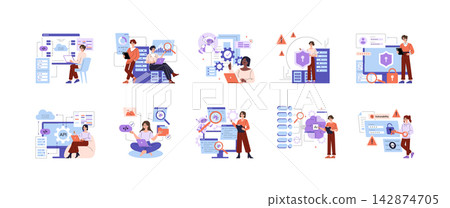 Cybersecurity vector illustration set with analysts monitoring threats, checking vulnerabilities, protecting login data, managing servers, API security, malware alerts, and AI systems 142874705