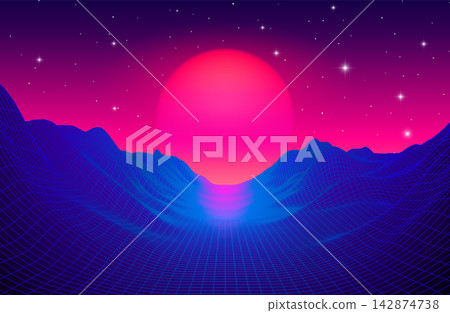Large neon pink sun rises between blue wireframe mountains in starry retro landscape Large neon pink sun rises between blue wireframe mountains in starry retro landscape 142874738