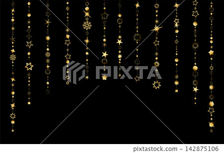 Gold falling stars. Golden rain. Christmas glitter garland. Gold falling stars. Golden rain. Christmas glitter garland. 142875106