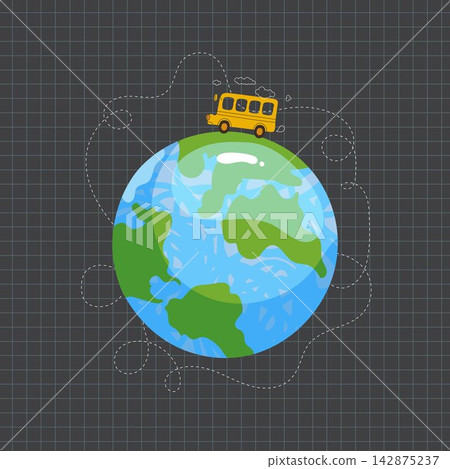 School bus driving around globe on dark grid background in flat vector style School bus driving around globe on dark grid background in flat vector style 142875237