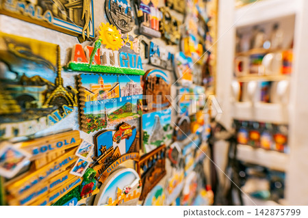 Close-up of Guatemalan souvenirs in a shop. Handmade Guatemalan souvenirs in a local store Close-up of Guatemalan souvenirs in a shop. Handmade Guatemalan souvenirs in a local store 142875799
