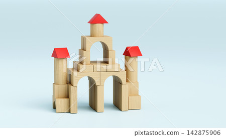 Wooden toy castle with arch, cylindrical towers and red roofs, 3D render on pale blue background Wooden toy castle with arch, cylindrical towers and red roofs, 3D render on pale blue background 142875906