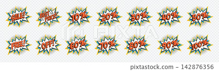 Retro comic starburst badge set with bold red lettering and layered blue and yellow bursts isolated on transparent background. Sale and discount icons in pop art style. Ideal for retail banners Retro comic starburst badge set with bold red lettering and layered blue and yellow bursts isolated on transparent background. Sale and discount icons in pop art style. Ideal for retail banners 142876356