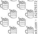 A hand drawn mug of hot chocolate with marshmallows and cinnamon sticks in sketch style. Repeatable pattern for Christmas cafe menus, packaging and gift wrap 142876572