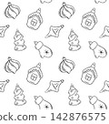 Monochrome doodle pattern of vintage glass Christmas ornaments. Hand-drawn vector for holiday flyers, stickers and gift wrap 142876575