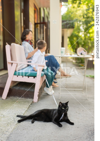 A Caucasian woman with her son and cat in a street cafe. A Caucasian woman with her son and cat in a street cafe. 142876943