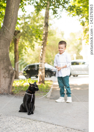 A Caucasian boy walks with a cat on a leash outdoors. A Caucasian boy walks with a cat on a leash outdoors. 142876963