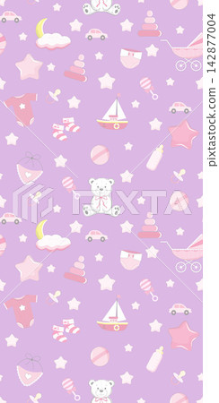 Cute seamless Pastel Pattern Featuring Toys, Clothing, and Baby Items on a Soft Purple Background Cute seamless Pastel Pattern Featuring Toys, Clothing, and Baby Items on a Soft Purple Background 142877004