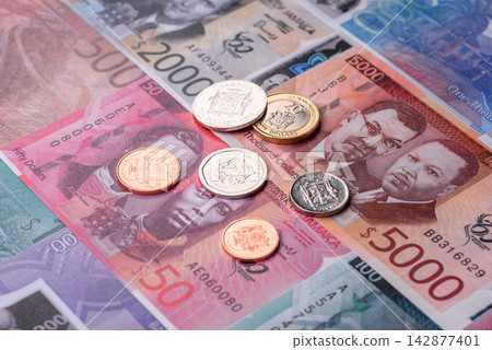 Jamaica, Jamaican paper money, dollar banknotes and cent coins for exchange. Jamaica money Jamaica, Jamaican paper money, dollar banknotes and cent coins for exchange. Jamaica money 142877401