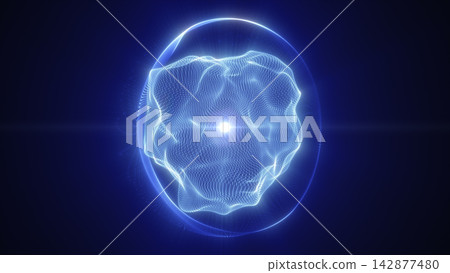 Futuristic blue holographic sphere made of glowing particles, surrounded by a circular halo and bright central energy light. Futuristic blue holographic sphere made of glowing particles, surrounded by a circular halo and bright central energy light. 142877480