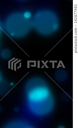 Defocused cyan and blue neon lights glow against a deep black background, creating a mysterious futuristic bokeh composition. 142877481