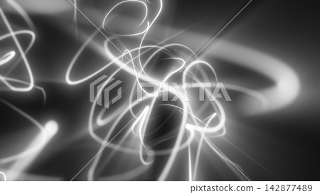 Monochrome abstract background with glowing white light scribbles and soft blur on a dark backdrop, creating a minimalist modern energy effect. 142877489