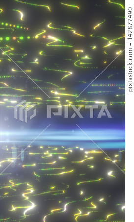 Abstract scene of glowing yellow and green light trails drifting across a dark background with a soft blue horizon flare. Abstract scene of glowing yellow and green light trails drifting across a dark background with a soft blue horizon flare. 142877490