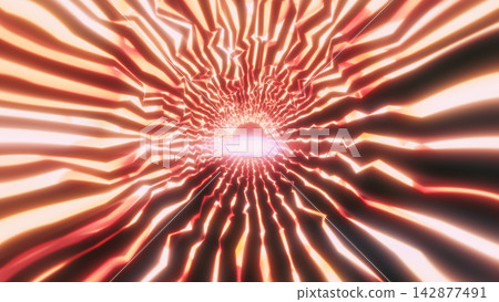 Abstract red and white neon tunnel with jagged glowing lines converging toward a bright futuristic horizon. Abstract red and white neon tunnel with jagged glowing lines converging toward a bright futuristic horizon. 142877491