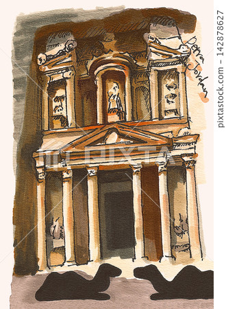 Hand-drawn illustration of the Petra ruins in Jordan 142878627