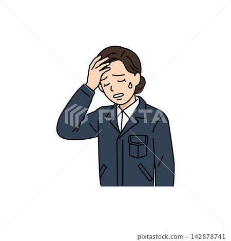 An illustration of a female boss in a navy work uniform holding her head in her hands, troubled or worried. An illustration of a female boss in a navy work uniform holding her head in her hands, troubled or worried. 142878741