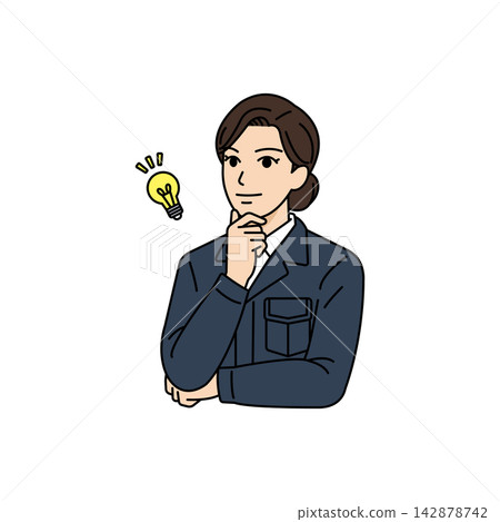 An illustration of a female boss in a navy work uniform with a look of satisfaction on her face after an idea has struck her. An illustration of a female boss in a navy work uniform with a look of satisfaction on her face after an idea has struck her. 142878742