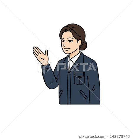 插圖描繪了一位身穿海軍工作服的女主管，面帶微笑，伸出一隻手臂，正在發出指示或指示。 142878743
