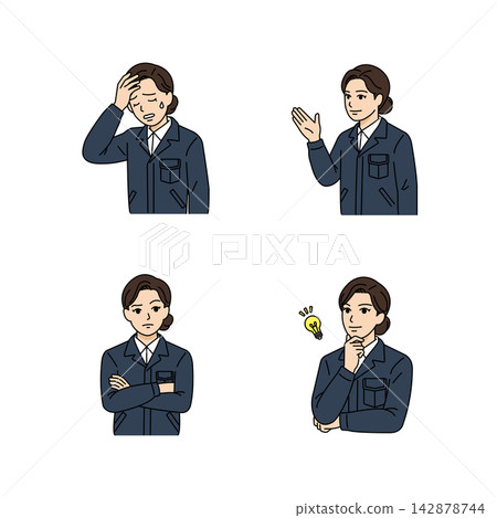 一組四幅插圖,描繪了一位身穿海軍藍工作服的女老闆擺出各種姿勢,可用於商務決策和表達情感。 一組四幅插圖,描繪了一位身穿海軍藍工作服的女老闆擺出各種姿勢,可用於商務決策和表達情感。 142878744