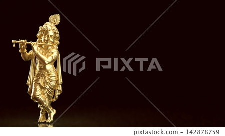 Golden Lord Krishna Playing Flute on Dark Background with Copy Space 3d render. 142878759